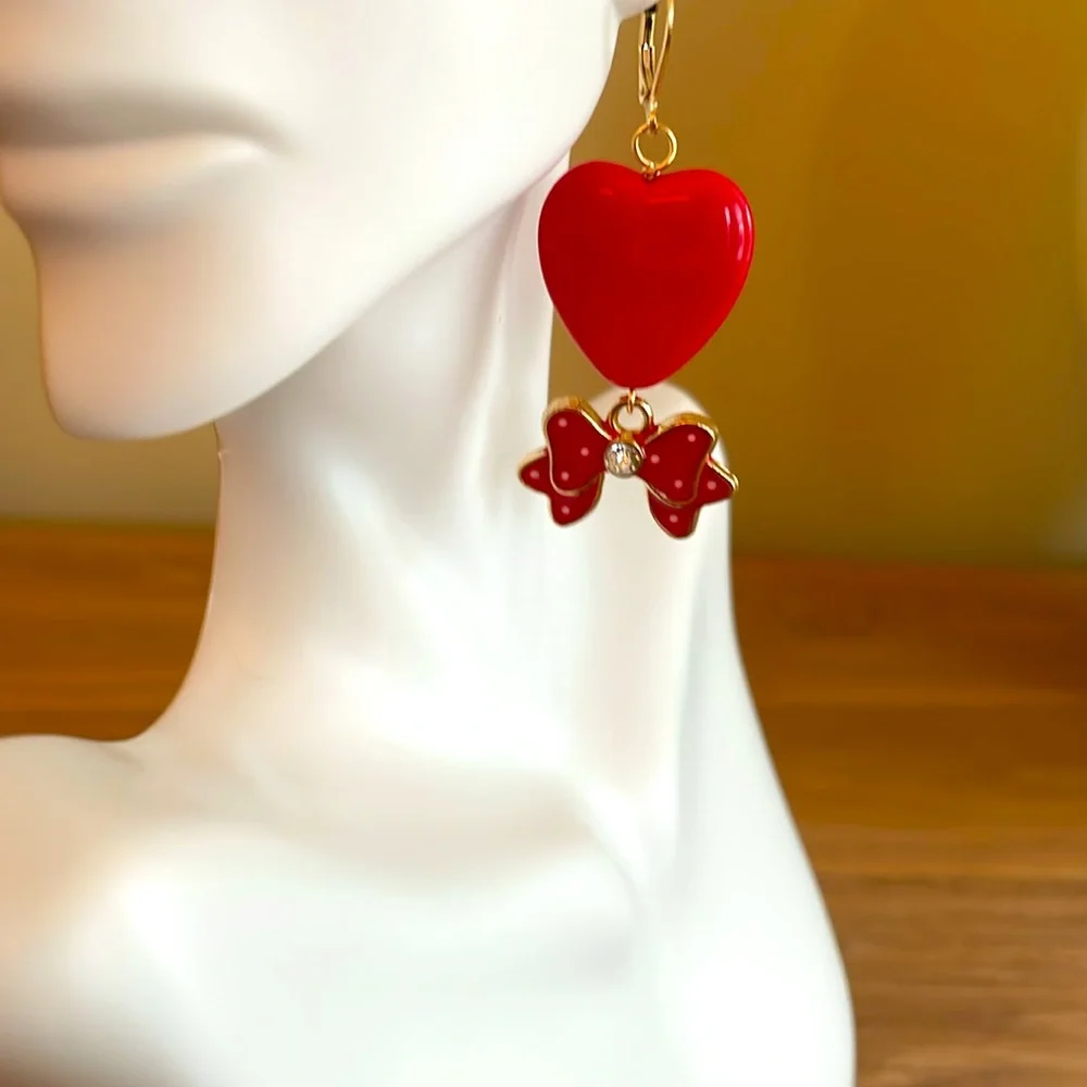 HAND CRAFTED WHIMSICAL RED VALENTINE HEARTS PIERCED EARRINGS Red Gold